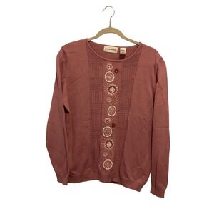 Alfred Dunner Mauve Pink Floral Embroidered Sequin Knit Sweater Mens Medium‎